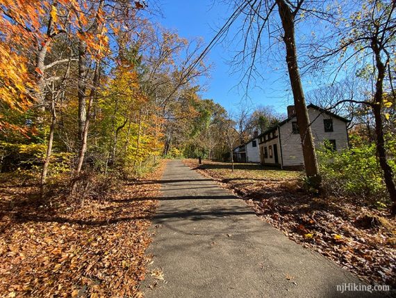 Paved path through the deserted Village of Feltville.