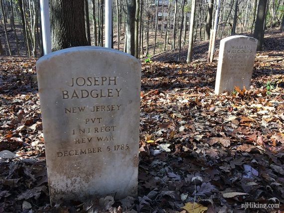 Stone grave marker for Joseph Badgley from New Jersey, a private in the Revolutionary War.