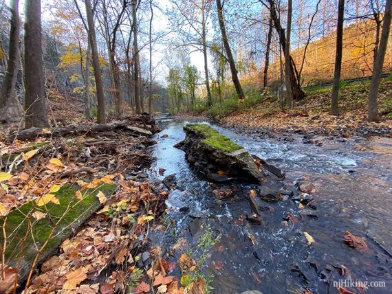 Large moss covered rectangular rock in the middle of a stream.