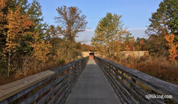 Looking down a long boardwalk trail to a wildlife blind