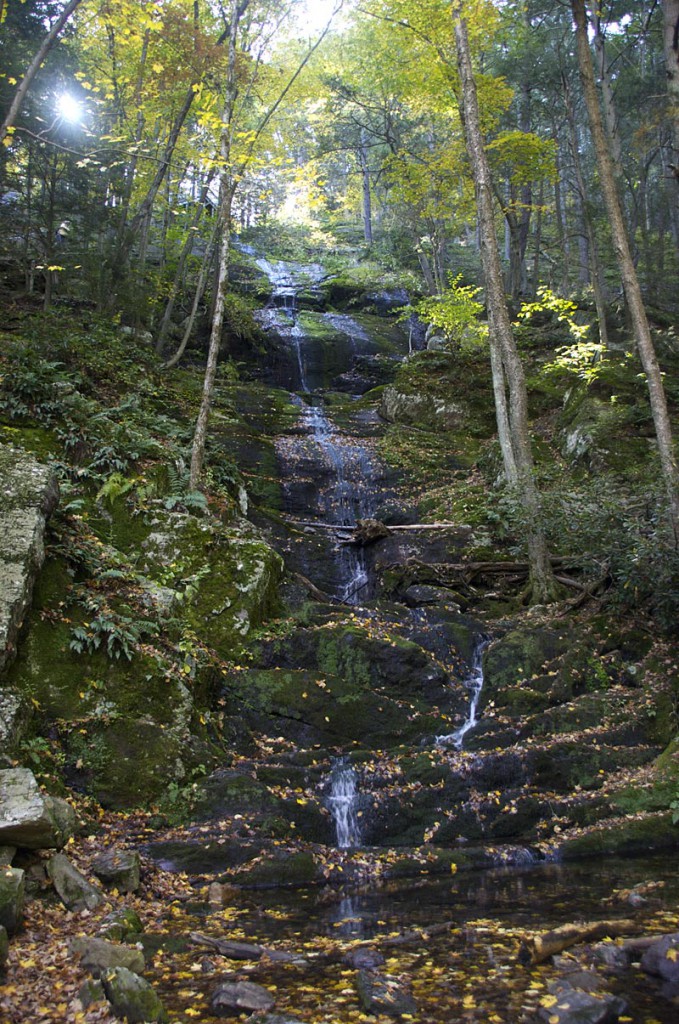 Buttermilk Falls with a trickle of water cascading down the rock.