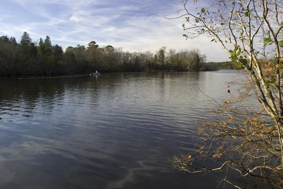 Parvin Lake with a boat on the opposite shore.