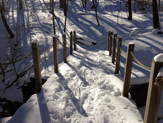 Snow covered trail bridge