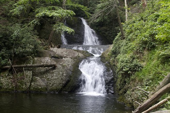 Large waterfall on the Tumbling Waters trail at PEEC.