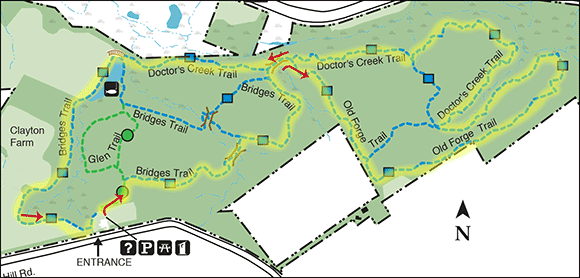 Hiking route highlighted in yellow on a trail map.