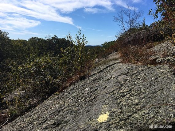 Yellow marker on a long rock slab.