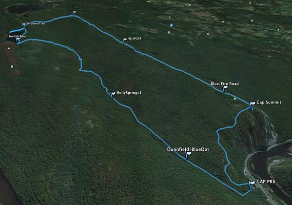 Three dimensional topographic map showing the hike route.