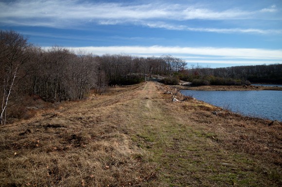 Flat grassy raised trail at the edge of a reservoir.