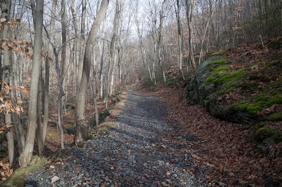 Flat crushed stone trail at the edge of a drop off.