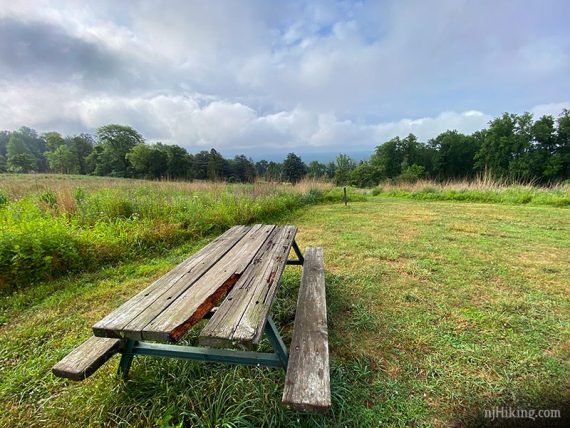 Picnic table in a large green field.