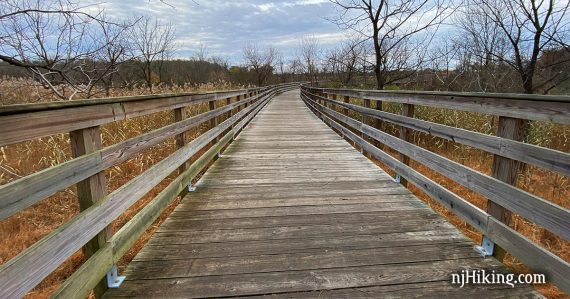 Long wooden bridge over a marshy area at Thompson Park in Monmouth County, NJ.
