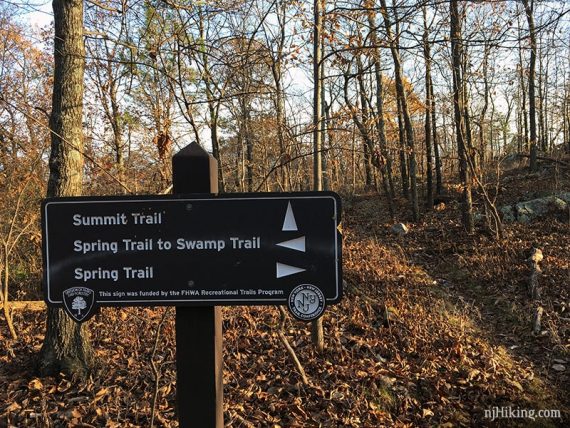 Wooden trail sign for Summit and Spring trails.