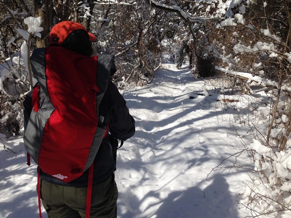 Hiker with snowshoe backpack on snowy trail