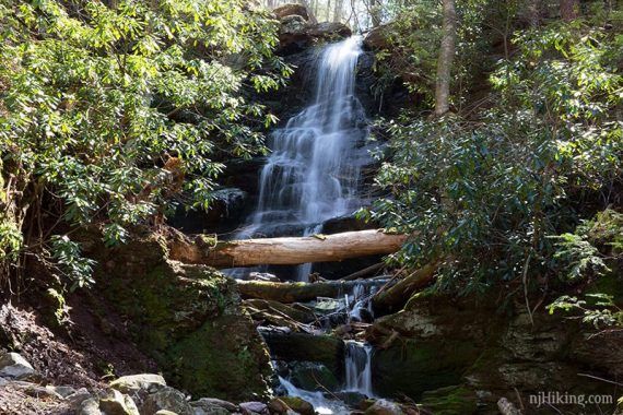 Streams of water cascading over rocks with sunlight reflecting on it.