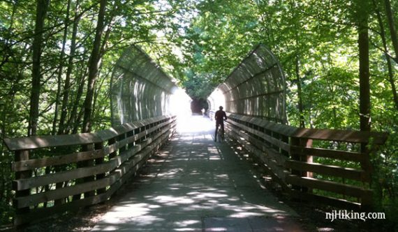 Bike rider on a trestle bridge on a rail trail