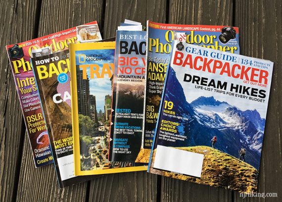 Several outdoor magazines fanned out.