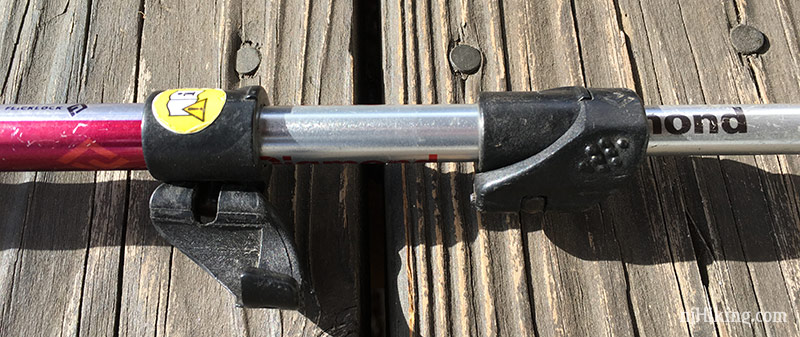 Close up of the FlickLock mechanism on a Black Diamond trekking pole.