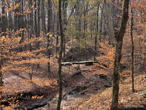 Wooden bridge over a stream with low water.