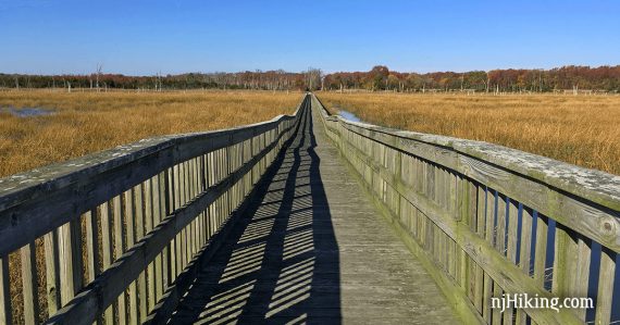 Very long wooden boardwalk over a vast marsh.