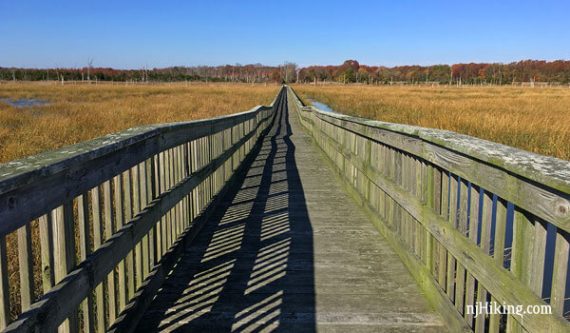Very long wooden walkway over an extensive marsh