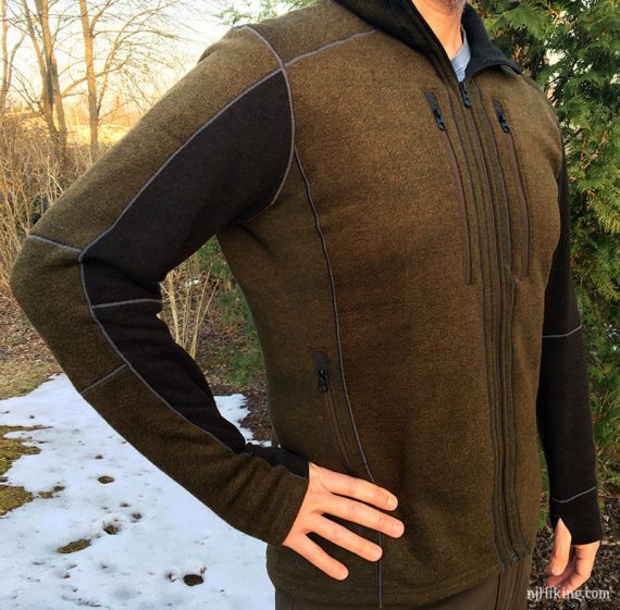 Hiker wearning an Interceptr full zip fleece jacket.