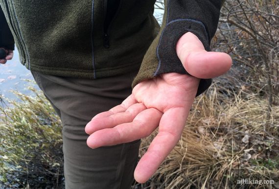 Detail of thumb holes on a sleeve.