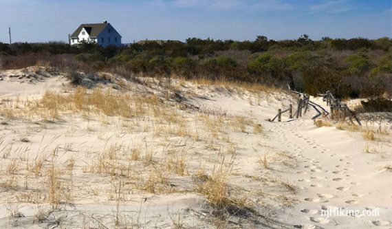 Beach house in the distance beyond sand dunes
