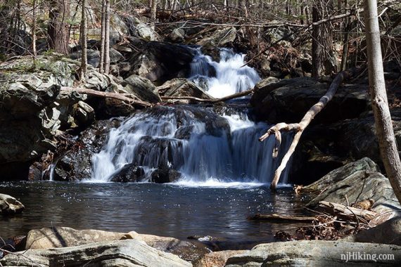 Apshawa Preserve Waterfall tumbling into a pool of water.