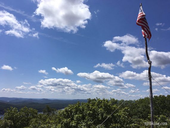 American flag over a view.