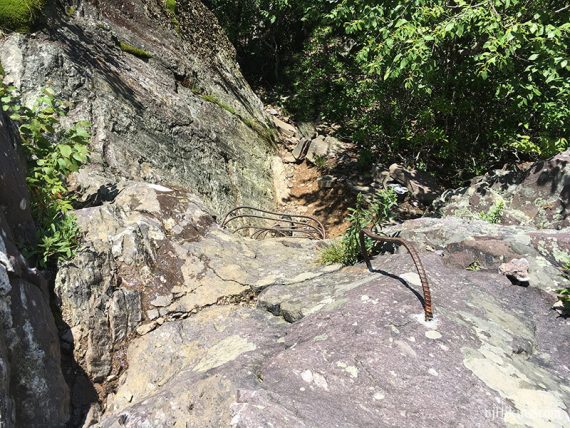 Metal ladder rungs embedded in a rock face.