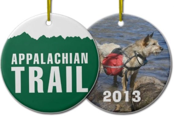 Appalachian Trail round tree ornament customized with a dog and year.