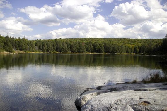 Hemlock Pond with a flat rocky area.