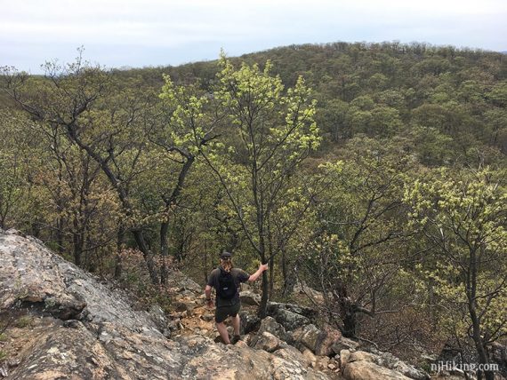 Hiker going down a steep hill.