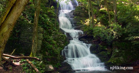 Waterfall cascading over rocks with green foliage surrounding it.