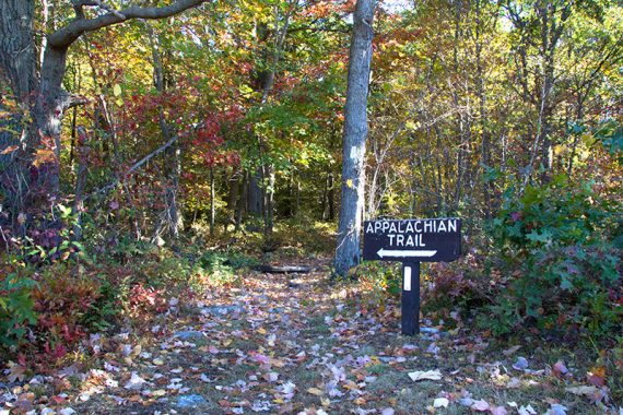 Appalachian Trail sign with a white arrow pointing to the left.