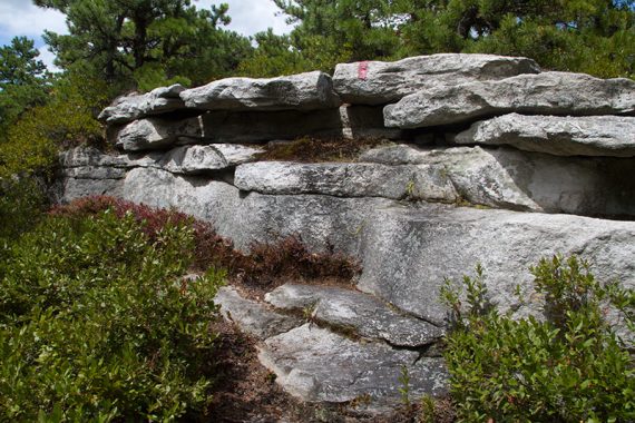 White rock scramble with red trail marker painted on it.