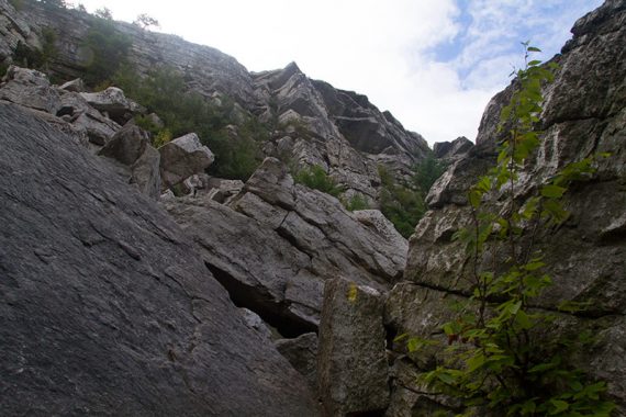 Looking up the Bonticou Crag rock scramble.