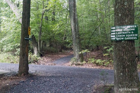 Fox Path  with a trail sign for the Labyrinth and the Lemon Squeeze.