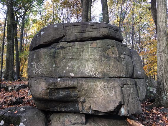 Large boulder in Devil's Half Acre with letters scratched into it.