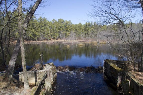 Wooden spillway at a small pond.