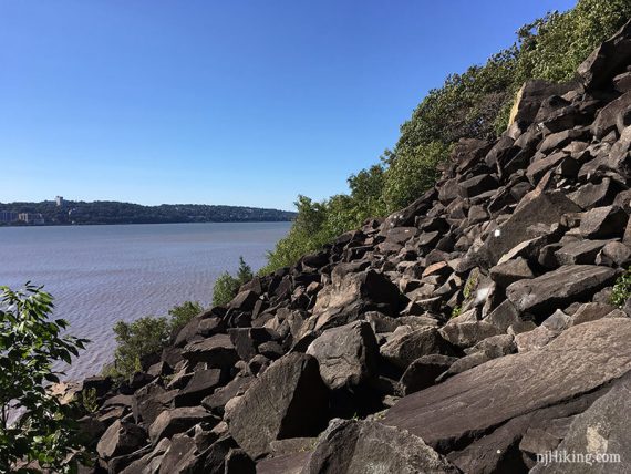 Angled rock fall that is the Shore Line Trail along the Hudson River.