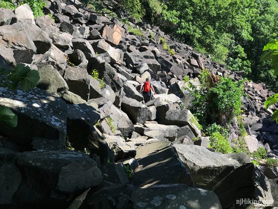 Hiker in the middle of the Giant Stairs rock scramble.