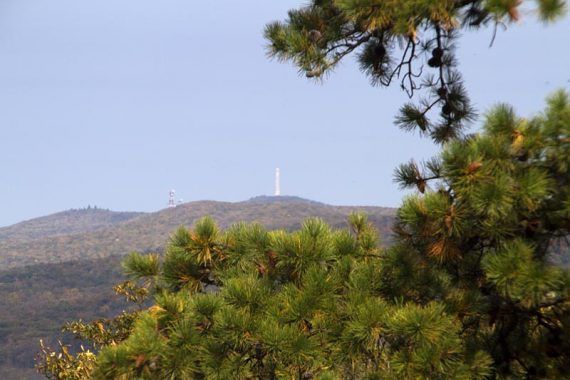 View of the High Point monument from the Blue Mountain Trail.