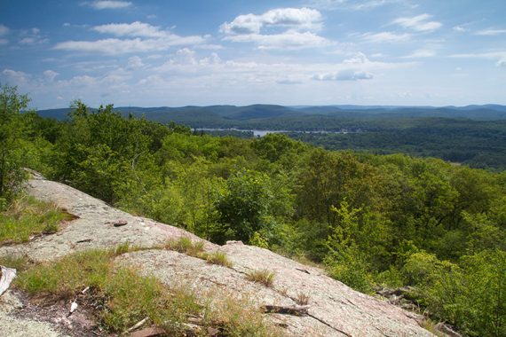 Rock slab with green trees and Greenwood Lake in the distance.