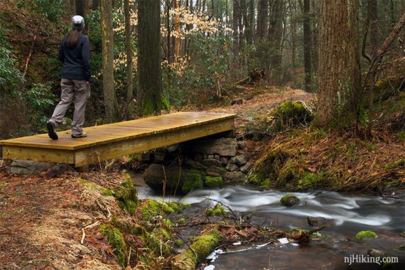 Hiker crossing wooden bridge over stream.