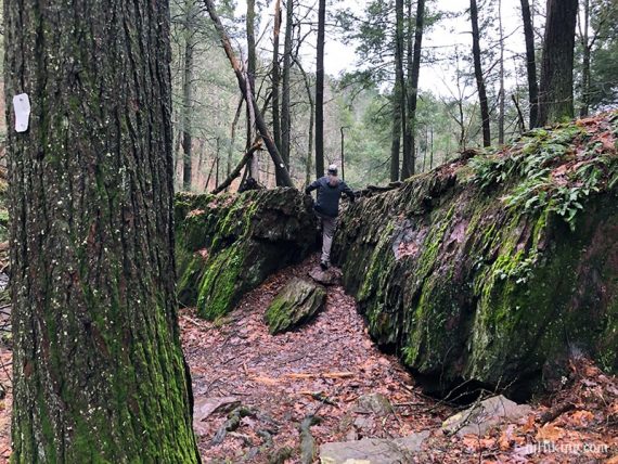 Hiker climbing up a rock crevice.