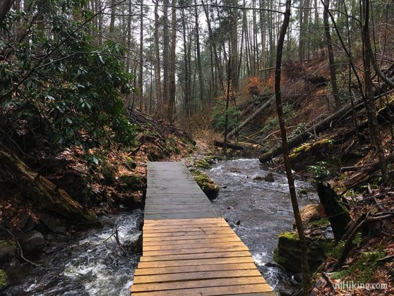 Wooden bridge over a stream.