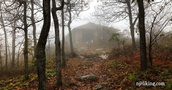 Sunrise Mountain pavilion covered in fog.