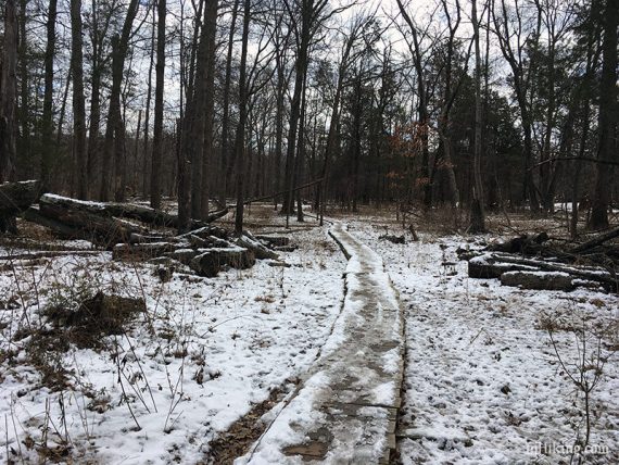 Long plank walkway covered in snow.