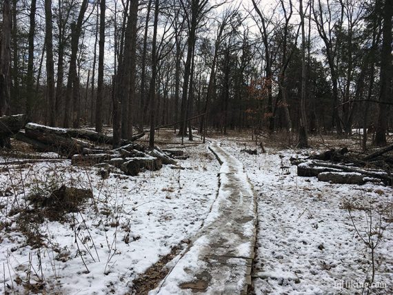 Long plank walkway covered in snow